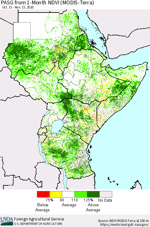 Eastern Africa PASG from 1-Month NDVI (Terra-MODIS) Thematic Map For 11/11/2020 - 11/20/2020