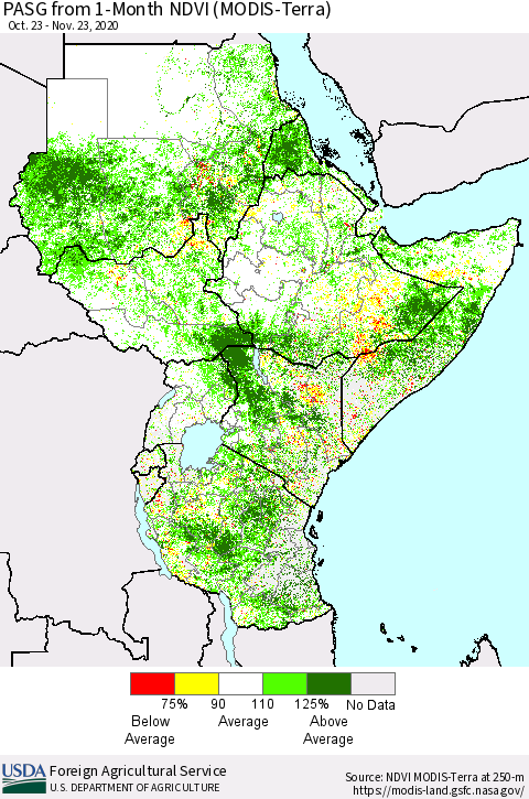 Eastern Africa PASG from 1-Month NDVI (Terra-MODIS) Thematic Map For 11/21/2020 - 11/30/2020