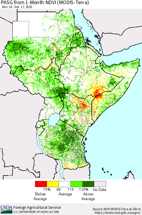 Eastern Africa PASG from 1-Month NDVI (Terra-MODIS) Thematic Map For 12/11/2020 - 12/20/2020