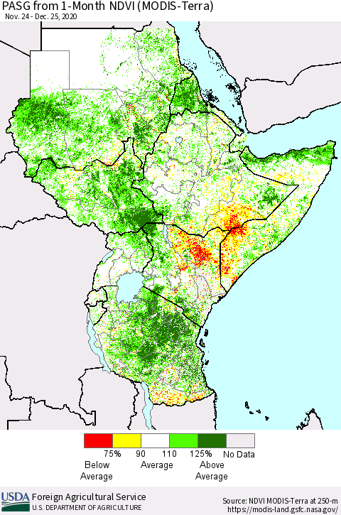 Eastern Africa PASG from 1-Month NDVI (Terra-MODIS) Thematic Map For 12/21/2020 - 12/31/2020