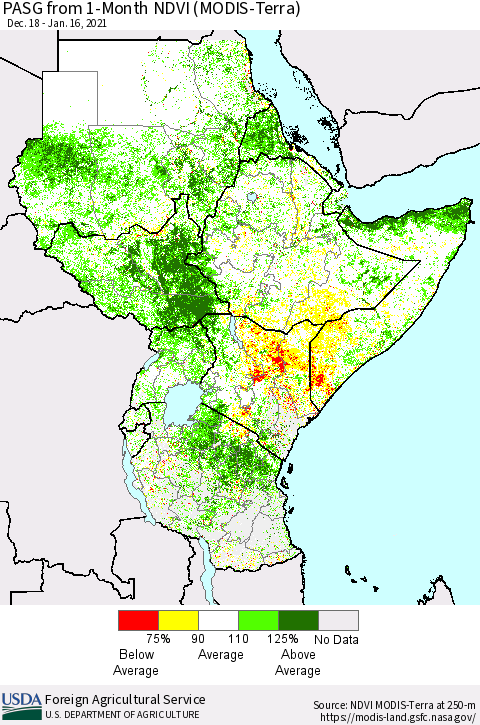 Eastern Africa PASG from 1-Month NDVI (Terra-MODIS) Thematic Map For 1/11/2021 - 1/20/2021