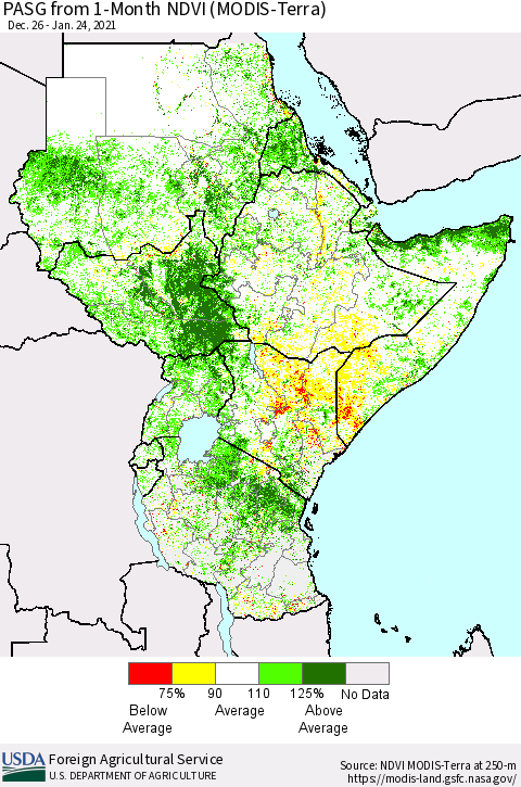 Eastern Africa PASG from 1-Month NDVI (Terra-MODIS) Thematic Map For 1/21/2021 - 1/31/2021