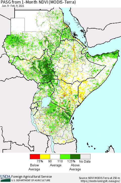 Eastern Africa PASG from 1-Month NDVI (Terra-MODIS) Thematic Map For 2/1/2021 - 2/10/2021