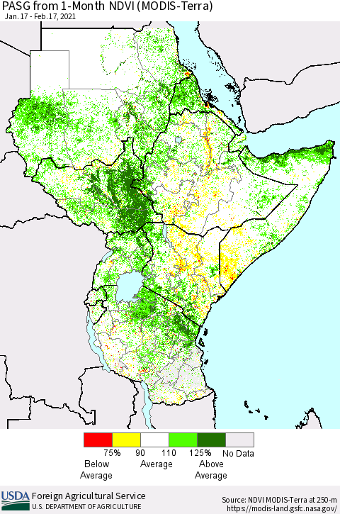 Eastern Africa PASG from 1-Month NDVI (Terra-MODIS) Thematic Map For 2/11/2021 - 2/20/2021