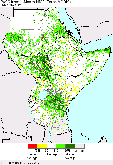 Eastern Africa PASG from 1-Month NDVI (Terra-MODIS) Thematic Map For 2/26/2021 - 3/5/2021