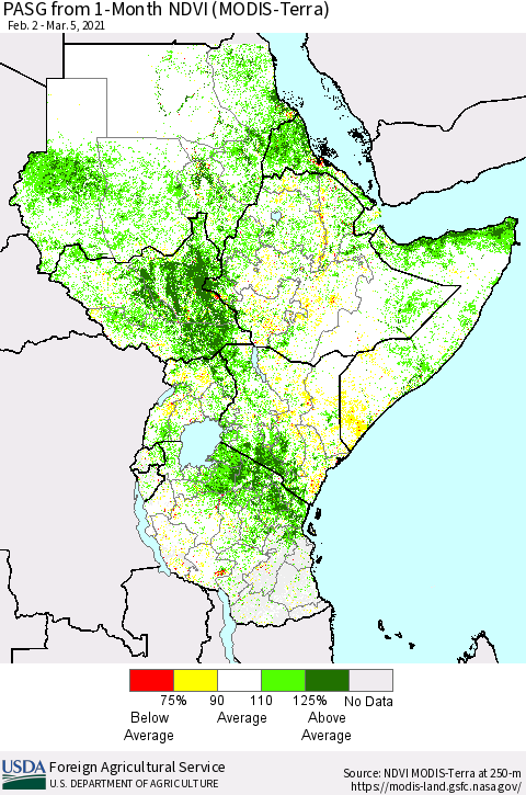 Eastern Africa PASG from 1-Month NDVI (Terra-MODIS) Thematic Map For 3/1/2021 - 3/10/2021