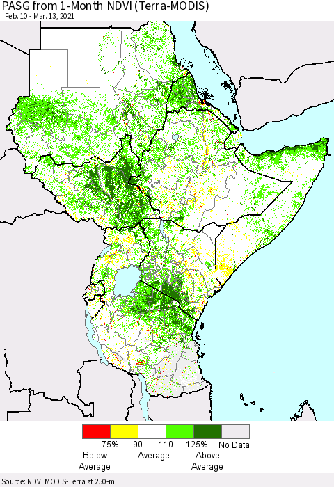 Eastern Africa PASG from 1-Month NDVI (Terra-MODIS) Thematic Map For 3/6/2021 - 3/13/2021