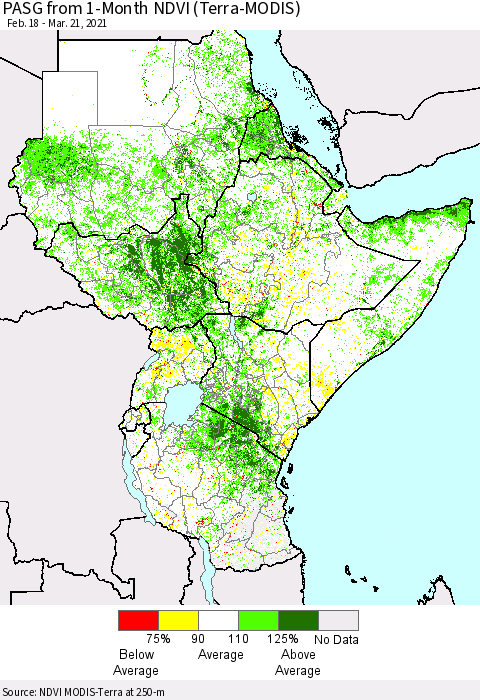 Eastern Africa PASG from 1-Month NDVI (Terra-MODIS) Thematic Map For 3/14/2021 - 3/21/2021