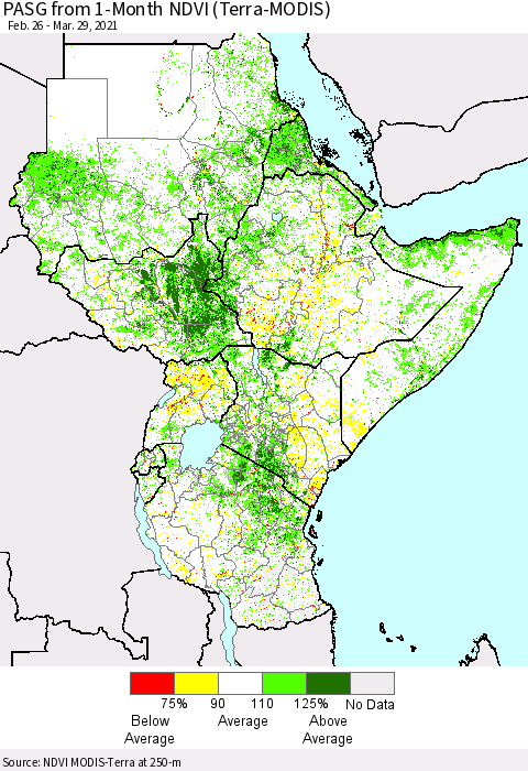 Eastern Africa PASG from 1-Month NDVI (Terra-MODIS) Thematic Map For 3/22/2021 - 3/29/2021