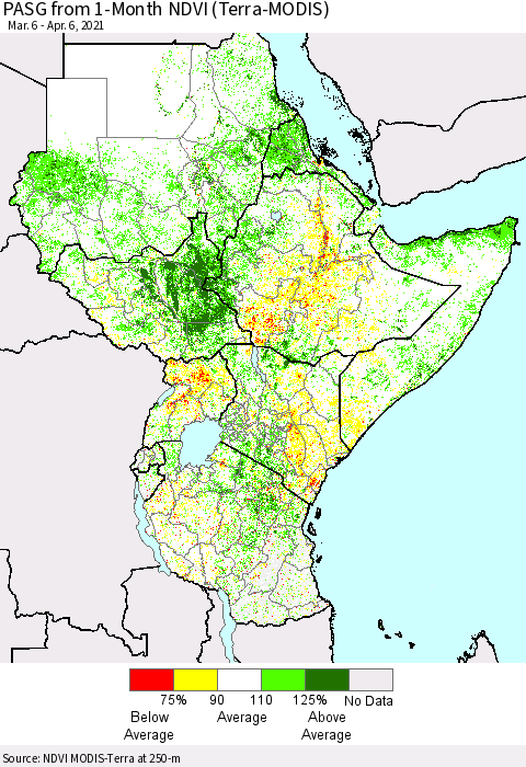 Eastern Africa PASG from 1-Month NDVI (Terra-MODIS) Thematic Map For 3/30/2021 - 4/6/2021