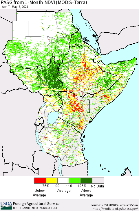 Eastern Africa PASG from 1-Month NDVI (Terra-MODIS) Thematic Map For 5/1/2021 - 5/10/2021