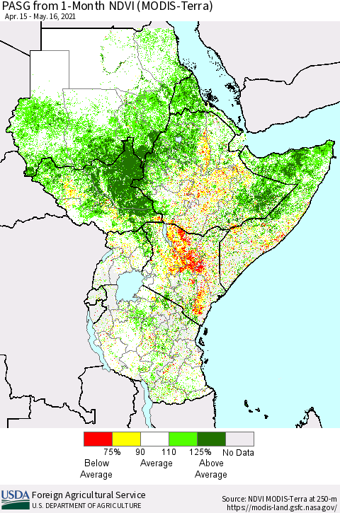 Eastern Africa PASG from 1-Month NDVI (Terra-MODIS) Thematic Map For 5/11/2021 - 5/20/2021
