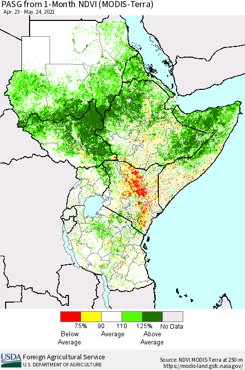 Eastern Africa PASG from 1-Month NDVI (Terra-MODIS) Thematic Map For 5/21/2021 - 5/31/2021