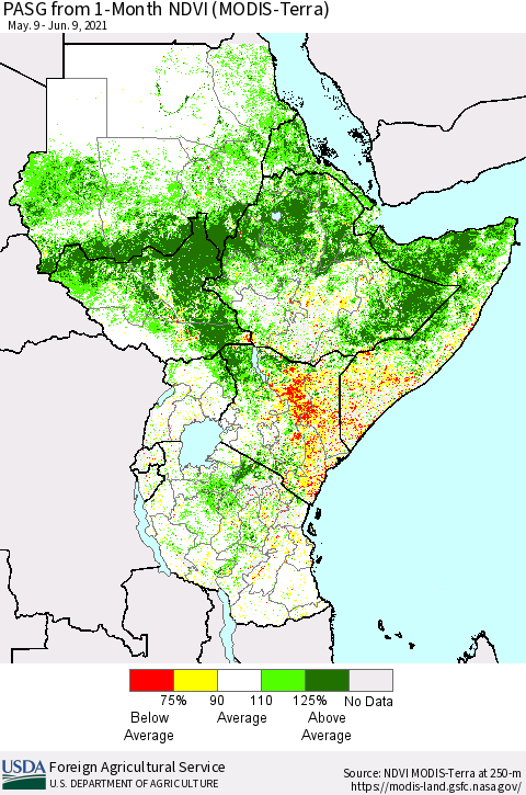 Eastern Africa PASG from 1-Month NDVI (Terra-MODIS) Thematic Map For 6/1/2021 - 6/10/2021