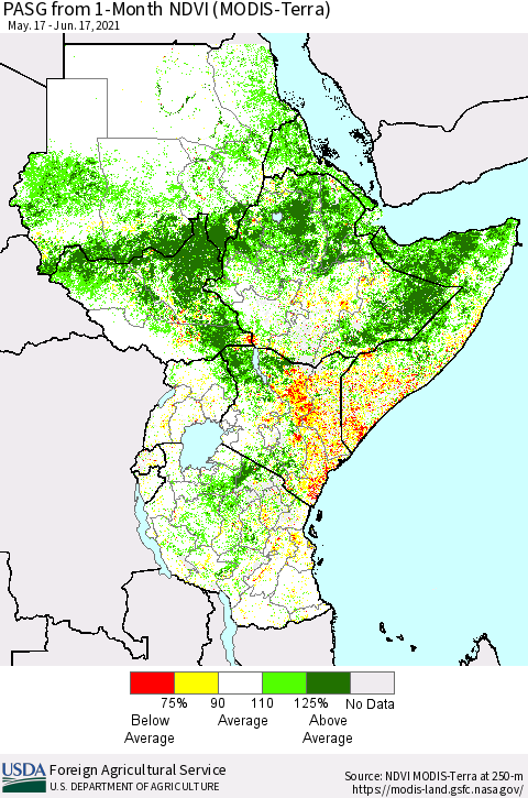 Eastern Africa PASG from 1-Month NDVI (Terra-MODIS) Thematic Map For 6/11/2021 - 6/20/2021