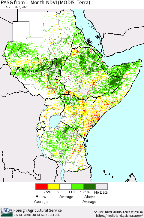 Eastern Africa PASG from 1-Month NDVI (Terra-MODIS) Thematic Map For 7/1/2021 - 7/10/2021