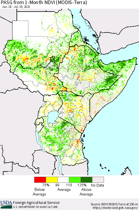 Eastern Africa PASG from 1-Month NDVI (Terra-MODIS) Thematic Map For 7/11/2021 - 7/20/2021