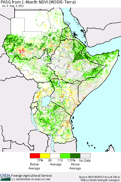 Eastern Africa PASG from 1-Month NDVI (Terra-MODIS) Thematic Map For 8/1/2021 - 8/10/2021