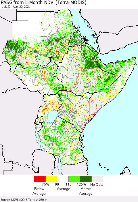 Eastern Africa PASG from 1-Month NDVI (Terra-MODIS) Thematic Map For 8/11/2021 - 8/20/2021