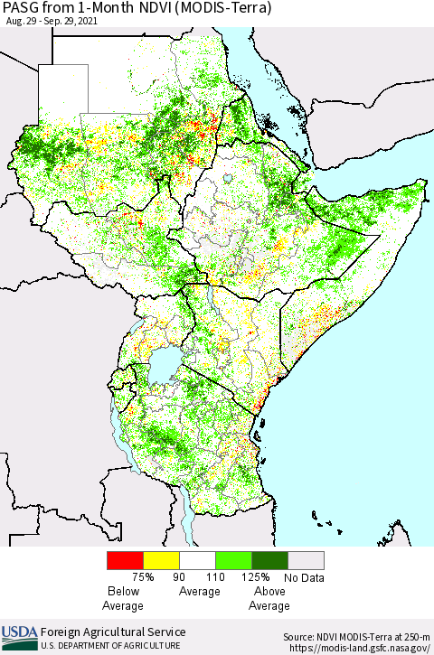 Eastern Africa PASG from 1-Month NDVI (Terra-MODIS) Thematic Map For 9/21/2021 - 9/30/2021