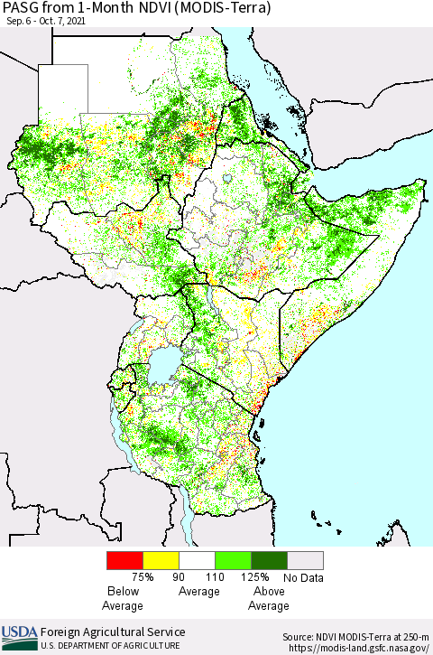 Eastern Africa PASG from 1-Month NDVI (MODIS-Terra) Thematic Map For 10/1/2021 - 10/10/2021