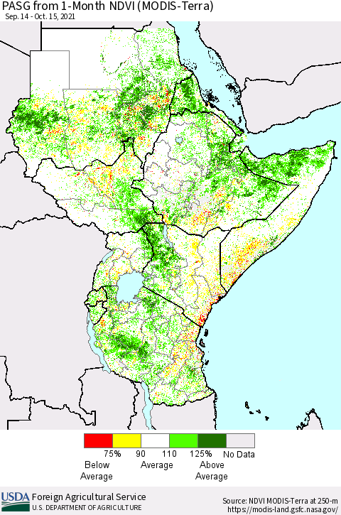 Eastern Africa PASG from 1-Month NDVI (MODIS-Terra) Thematic Map For 10/11/2021 - 10/20/2021