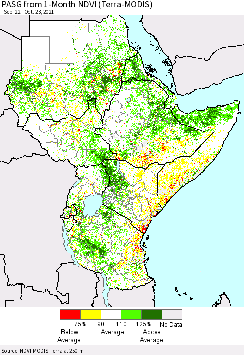 Eastern Africa PASG from 1-Month NDVI (Terra-MODIS) Thematic Map For 10/16/2021 - 10/23/2021