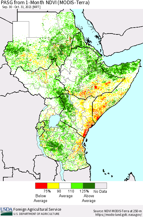 Eastern Africa PASG from 1-Month NDVI (MODIS-Terra) Thematic Map For 10/21/2021 - 10/31/2021