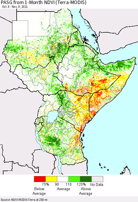 Eastern Africa PASG from 1-Month NDVI (Terra-MODIS) Thematic Map For 11/1/2021 - 11/8/2021