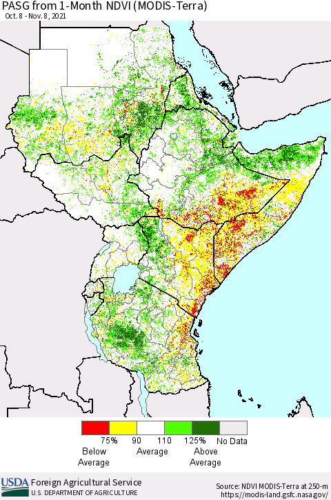 Eastern Africa PASG from 1-Month NDVI (Terra-MODIS) Thematic Map For 11/1/2021 - 11/10/2021