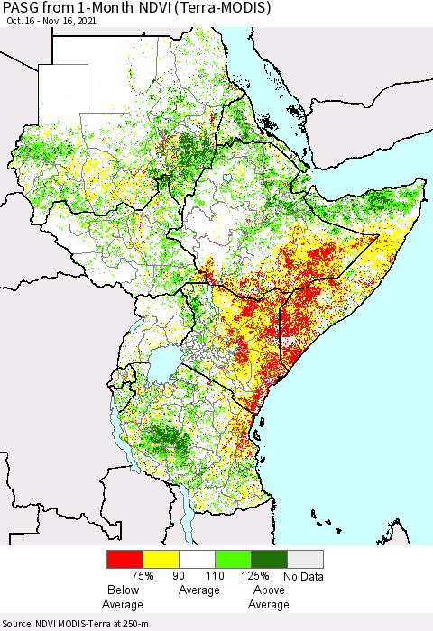 Eastern Africa PASG from 1-Month NDVI (Terra-MODIS) Thematic Map For 11/9/2021 - 11/16/2021