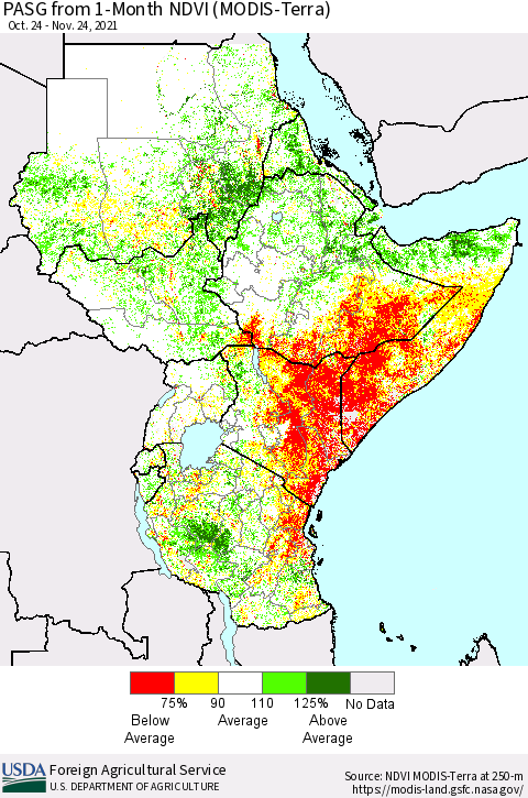 Eastern Africa PASG from 1-Month NDVI (MODIS-Terra) Thematic Map For 11/21/2021 - 11/30/2021