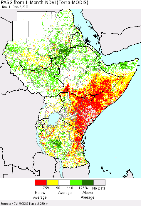 Eastern Africa PASG from 1-Month NDVI (Terra-MODIS) Thematic Map For 11/25/2021 - 12/2/2021