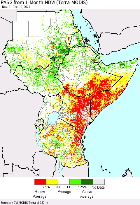 Eastern Africa PASG from 1-Month NDVI (MODIS-Terra) Thematic Map For 12/1/2021 - 12/10/2021