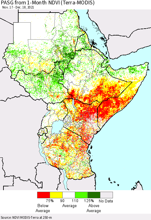 Eastern Africa PASG from 1-Month NDVI (Terra-MODIS) Thematic Map For 12/11/2021 - 12/18/2021