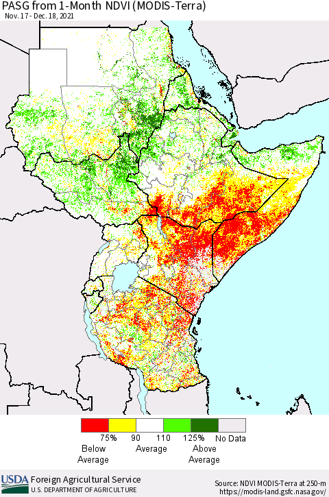 Eastern Africa PASG from 1-Month NDVI (Terra-MODIS) Thematic Map For 12/11/2021 - 12/20/2021