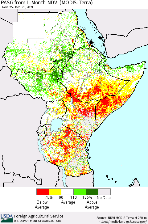 Eastern Africa PASG from 1-Month NDVI (MODIS-Terra) Thematic Map For 12/21/2021 - 12/31/2021