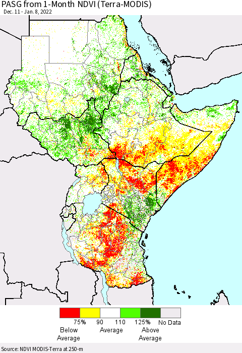 Eastern Africa PASG from 1-Month NDVI (Terra-MODIS) Thematic Map For 1/1/2022 - 1/8/2022