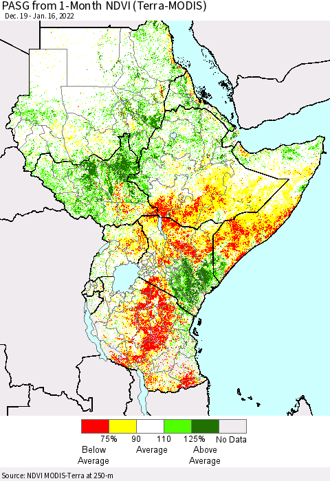 Eastern Africa PASG from 1-Month NDVI (Terra-MODIS) Thematic Map For 1/9/2022 - 1/16/2022