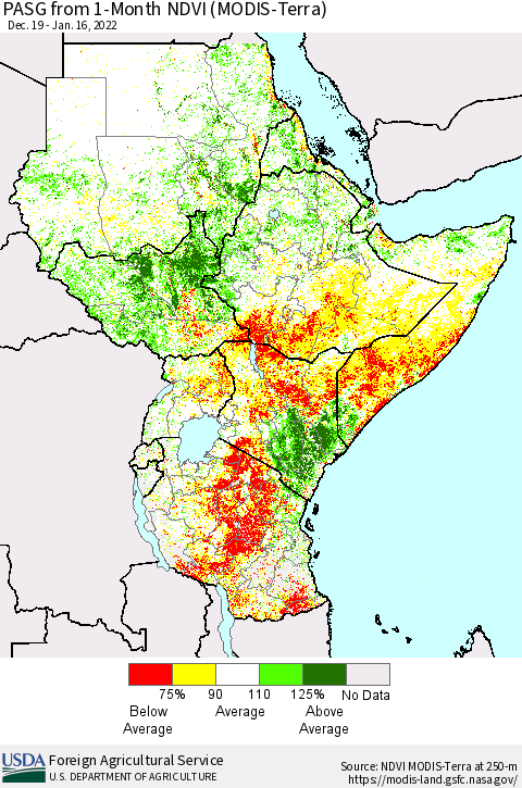 Eastern Africa PASG from 1-Month NDVI (MODIS-Terra) Thematic Map For 1/11/2022 - 1/20/2022