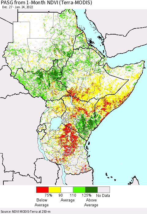 Eastern Africa PASG from 1-Month NDVI (Terra-MODIS) Thematic Map For 1/17/2022 - 1/24/2022