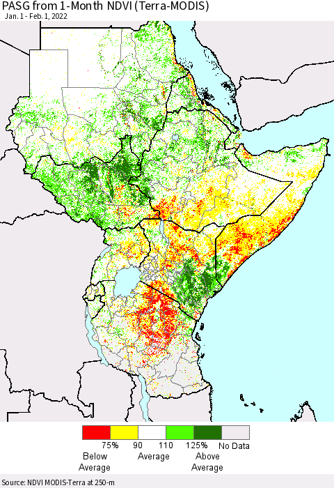 Eastern Africa PASG from 1-Month NDVI (Terra-MODIS) Thematic Map For 1/25/2022 - 2/1/2022
