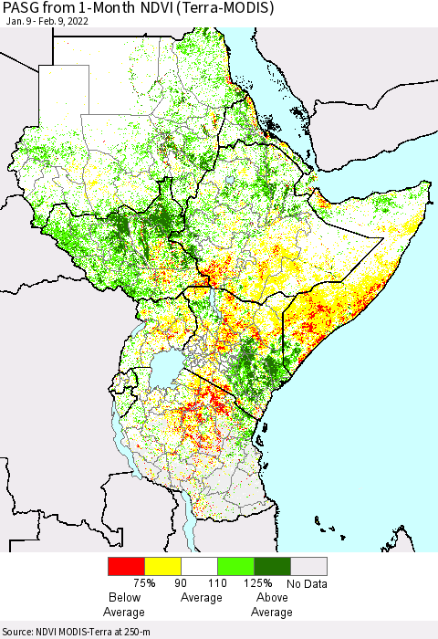 Eastern Africa PASG from 1-Month NDVI (Terra-MODIS) Thematic Map For 2/2/2022 - 2/9/2022