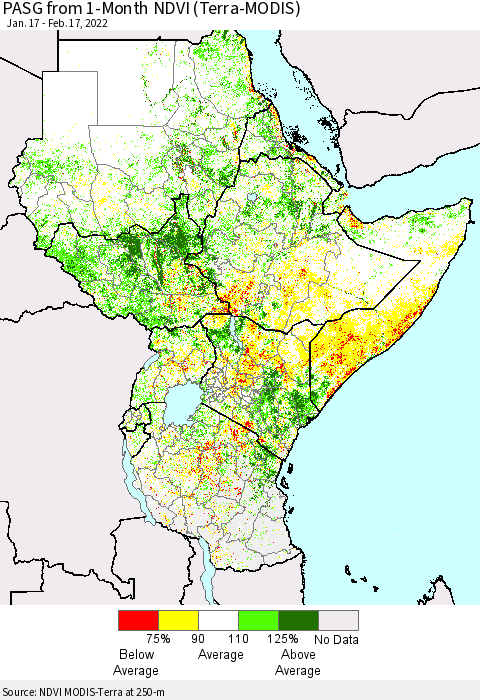 Eastern Africa PASG from 1-Month NDVI (Terra-MODIS) Thematic Map For 2/10/2022 - 2/17/2022