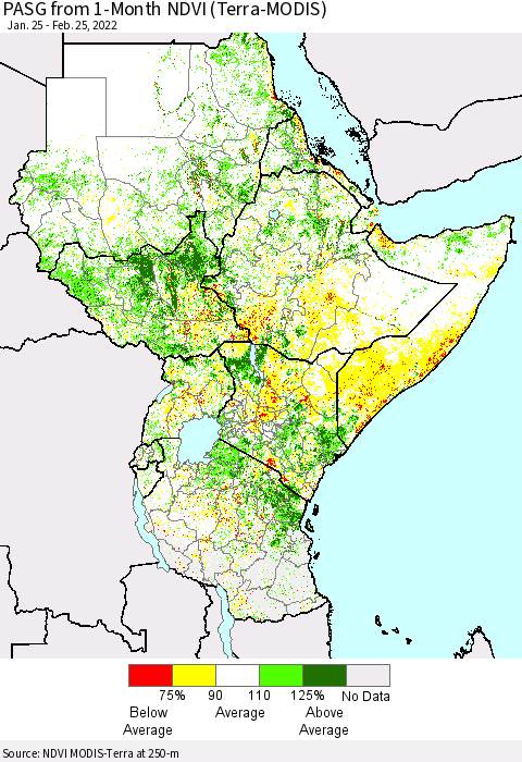 Eastern Africa PASG from 1-Month NDVI (Terra-MODIS) Thematic Map For 2/18/2022 - 2/25/2022