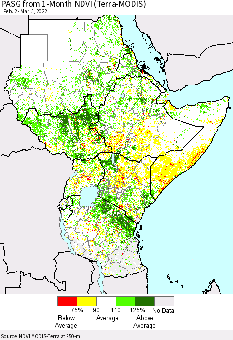Eastern Africa PASG from 1-Month NDVI (Terra-MODIS) Thematic Map For 2/26/2022 - 3/5/2022