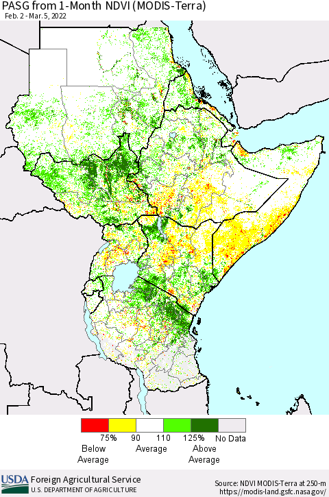 Eastern Africa PASG from 1-Month NDVI (Terra-MODIS) Thematic Map For 3/1/2022 - 3/10/2022