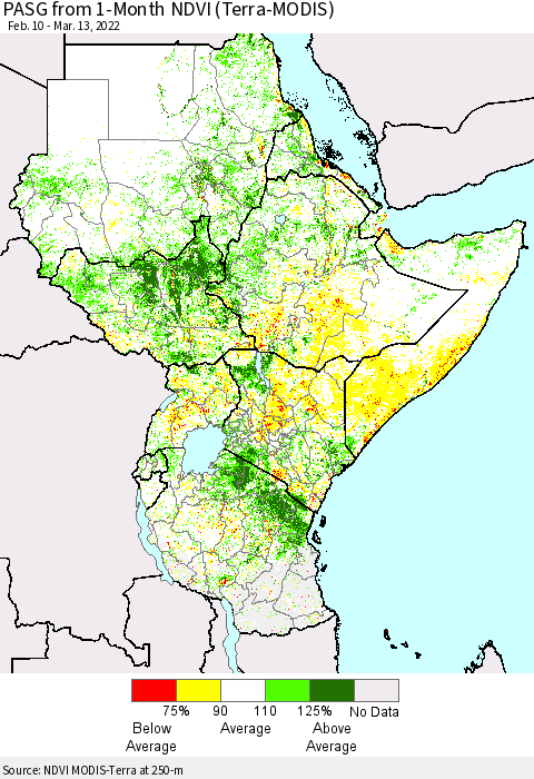 Eastern Africa PASG from 1-Month NDVI (Terra-MODIS) Thematic Map For 3/6/2022 - 3/13/2022