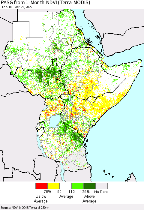 Eastern Africa PASG from 1-Month NDVI (Terra-MODIS) Thematic Map For 3/14/2022 - 3/21/2022