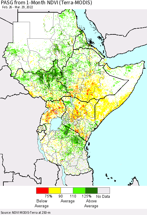 Eastern Africa PASG from 1-Month NDVI (Terra-MODIS) Thematic Map For 3/22/2022 - 3/29/2022